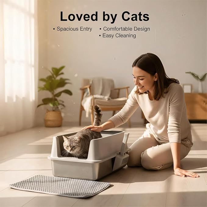 2PACK Stainless Steel Cat Litter Box with Lid, XL Metal Litter Box, Extra Large Litterbox for Big Cats, High Sided | Easy Cleaning | Odor-Free Includes Scoop and Mat