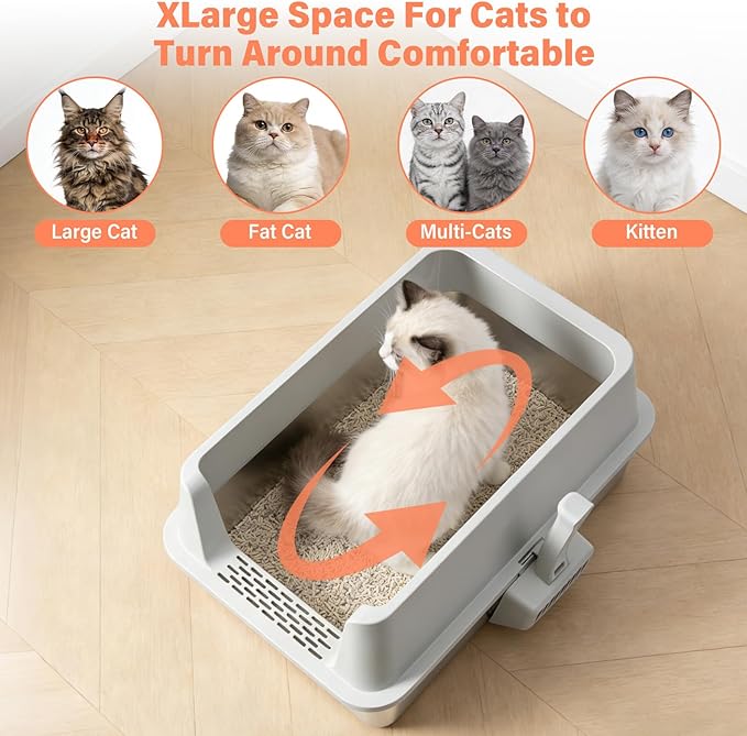 2PACK Stainless Steel Cat Litter Box with Lid, XL Metal Litter Box, Extra Large Litterbox for Big Cats, High Sided | Easy Cleaning | Odor-Free Includes Scoop and Mat