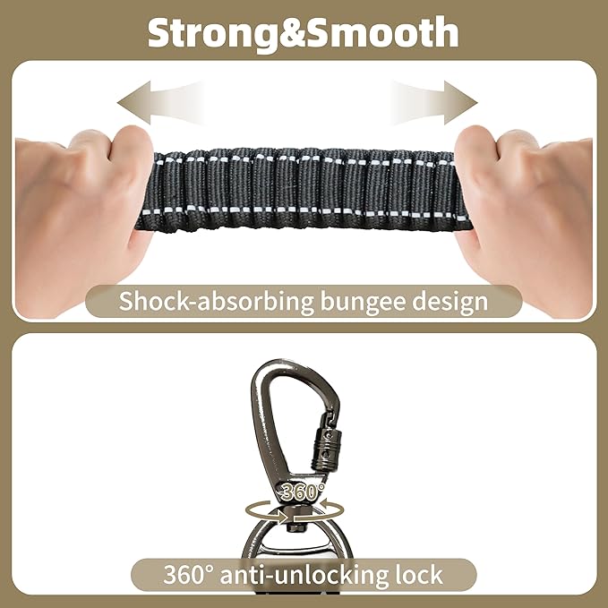 6-in-1 Hands-Free Dog Leash, Waist & Crossbody Bungee Lead with Dual Padded Handles, Bungee Shock Absorbing, Seat Belt Buckle, Reflective for Small Medium Large Dogs, Black