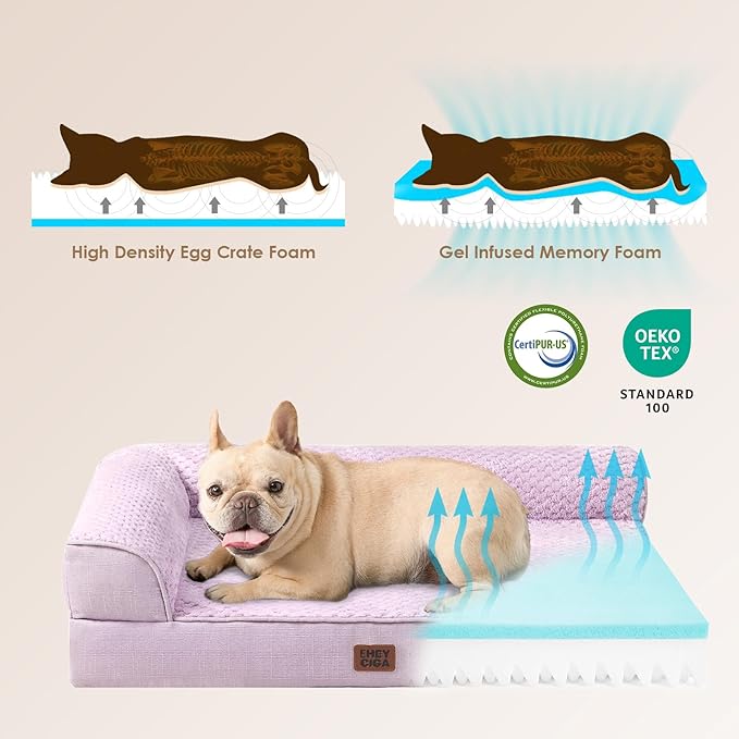 EHEYCIGA Large Dog Bed Memory Foam for Crate, Orthopedic Dog Bed Large Size Dogs with Washable Removable Cover, Waterproof Pet Sofa Couch with Nonskid Bottom, 35x22x6, Lilac