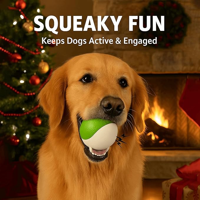 Squeaky Dog Toy – Durable Rubber Dog Ball for Medium & Large Dogs, Tough Interactive Fetch Toy for Chewers, Outdoor Training & Play Ball, Floating Water Play Gift.Green White