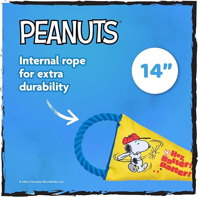 Peanuts for Pets Durable Dog Toy - Athlete Snoopy Flattie Fan Banner with Rope Tug, Squeaker, and Crinkle - Interactive Chew Toys for Small, Medium, Large Dogs and Puppies
