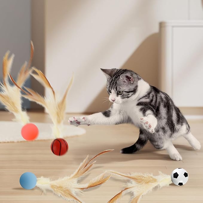 Andiker 3PCS Cat Bouncy Ball with Feather, Colorful Cats Feather Ball Toy Set with Good Elastic for Exercising Chasing Chewing to Reduce Anxiety Interactive Kitten Toys for Indoor Cats (Small, Sport)