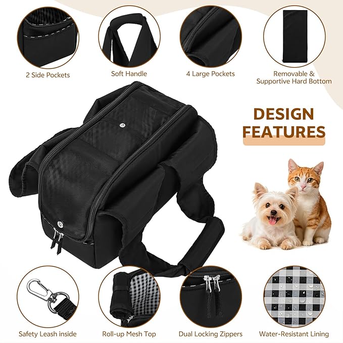 Dog Purse Carrier for Small Dogs and Cats, Soft-Sided Pet Tote Bag with 6 Large Pockets, Collapsible Travel Puppy Carrier, Fits Pets up to 13 lbs (Black, 15.7" L x 8" W x 11.8" H)