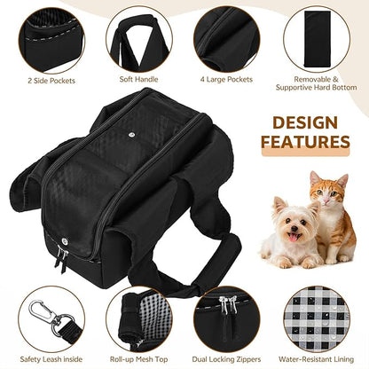 Dog Purse Carrier for Small Dogs and Cats, Soft-Sided Pet Tote Bag with 6 Large Pockets, Collapsible Travel Puppy Carrier with Small Cushion, Fits Pets up to 6 lbs (Black, 13.6" L x 6.6" W x 10" H)