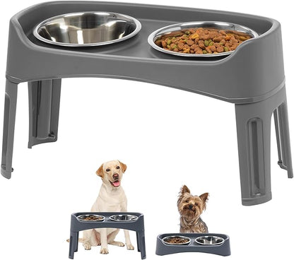 IRIS USA Adjustable Elevated Dog Bowls, Raised Feeder with 2 Stainless Steel 64 oz Bowls, Spill-Guard Rim, 12.25" or 4.63" Heights, Durable Plastic, Made in USA, Dark Gray