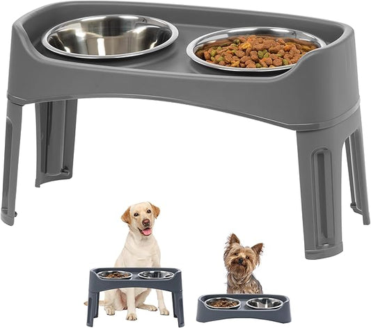 IRIS USA Adjustable Elevated Dog Bowls, Raised Feeder with 2 Stainless Steel 64 oz Bowls, Spill-Guard Rim, 12.25" or 4.63" Heights, Durable Plastic, Made in USA, Dark Gray