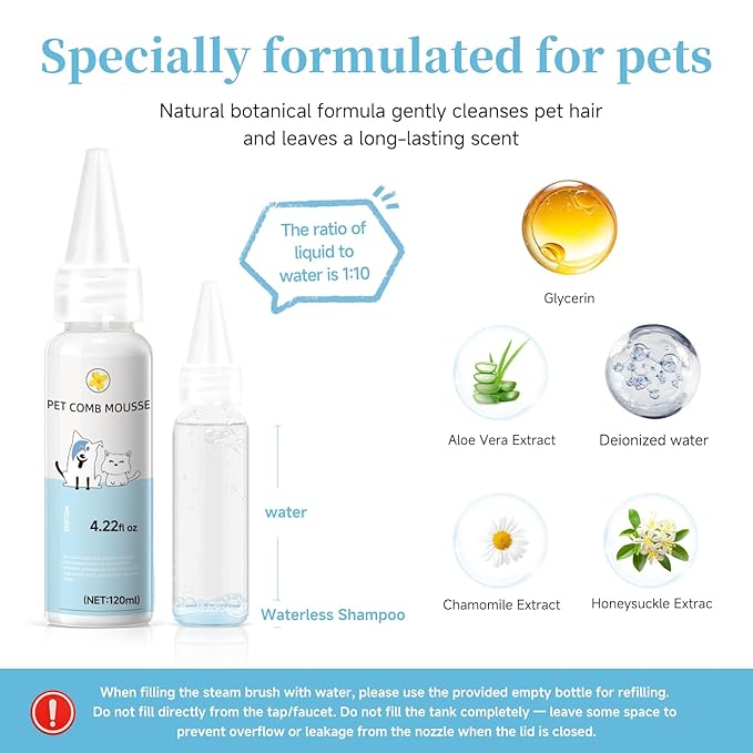 Pet Steam Brush for Dog & Cat - 3-in-1 Steam Grooming Brush for Shedding & Hair Removal - Self Cleaning Spray Comb with Mist for Long Haired Pets - Includes 1*Waterless Shampoo, Blue.