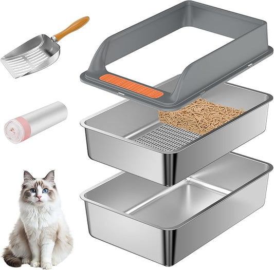 Stainless Steel Sifting Litter Box with Lid, Medium Sifting Cat Litter Box for Pine Pellets & Big Cats,Metal Pellet Sifter Litter Pan System for Odor Control,Sifting Box Liners & Scoop