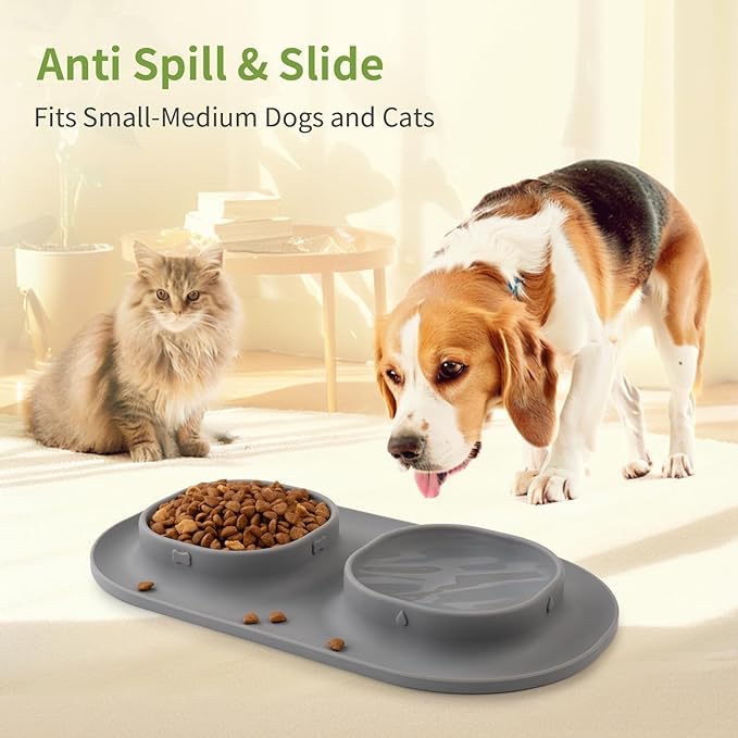Small Size Puppy Dog Bowls: Food and Water Bowls Set for Small Dogs, No-Spill Non-Skid Dog Dish, Grey