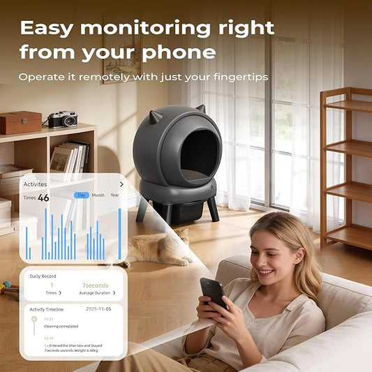Self Cleaning Litter Box for Multiple Cats, E2 Automatic Cat Litter Box, Self-Cleaning Robot with Smart APP Control and Health Monitoring, Includes 2 Roll Trash Bag and Litter Mat, Grey