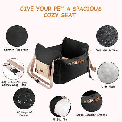 Dog Car Seats for Small Dogs, 2-in-1 Pet Booster Seat with Side-Zip Expandable Bed, Handles and a Storage Pocket, Clip-On Safety Leash and PP Cotton Filling, Vehicle Bed for Puppy up to 25 lbs (Black)