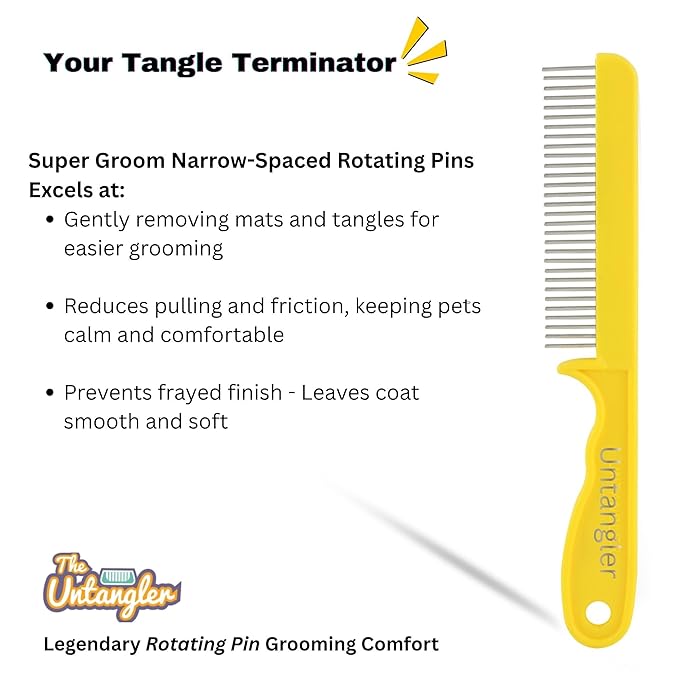 Super-Groom Combs with Smooth Rotating Teeth for Painless Mat Removal (30 Fine-Spaced Teeth, Sun Yellow)
