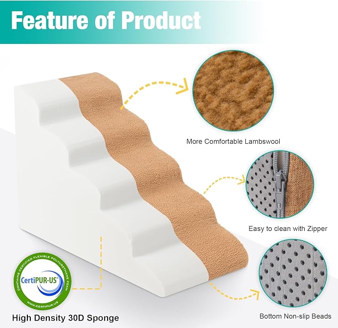 Uross Dog Stairs for Small Dogs-5 Steps Ramps for High Bed Couch, High Density Foam Pet Stairs for Dogs to Get on Bed, 5 Tiers Cat Doggy Steps Ramps for Joint Pain Dog(Brown)