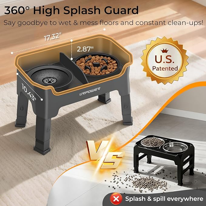 URPOWER Mess Proof Elevated Dog Bowls 4 Height Adjustable Raised Stand with No Spill Water Bowl and Slow Feeder Dog Bowls Non-Slip Food and Water Bowl Set for Small, Medium & Large Dogs