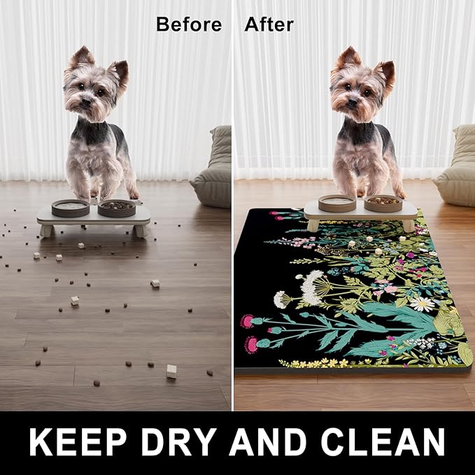 Dog Food Mat, 12" x 19" Absorbent Dog Cat Bowl Mat for Food and Water, Cute Anti-Slip Rubber Pet Feeding Rug Protect Floors, Placemat for Feeding & Watering Supplies, Midnight Flower