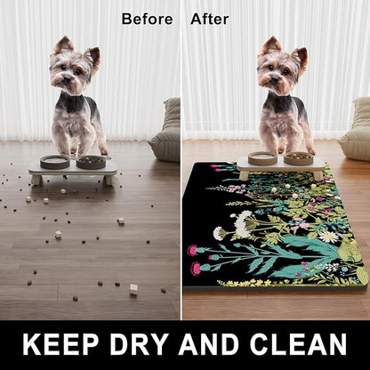 Dog Food Mat, 12" x 19" Absorbent Dog Cat Bowl Mat for Food and Water, Cute Anti-Slip Rubber Pet Feeding Rug Protect Floors, Placemat for Feeding & Watering Supplies, Midnight Flower