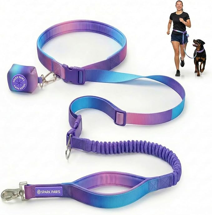 Spark Paws Handsfree Dog Leash – Shock Absorbing Waist Bungee Lead for Running, Car Seatbelt Clip & Poop Bag Set, Heavy Duty Tactical Lead for Medium, Large & X-Large Breeds - 90s Retro