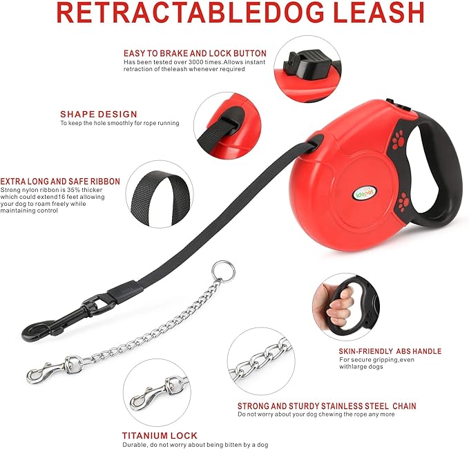Idepet Heavy Duty Retractable Dog Leash for Small and Medium Dogs, Anti-Chewing Steel Chain 360 Degree Tangle-Free,Break and Lock System,16ft Leash for Dog Walking (Red, Flat Rope)