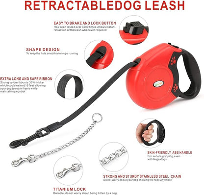 Idepet Heavy Duty Retractable Dog Leash for Small and Medium Dogs, Anti-Chewing Steel Chain 360 Degree Tangle-Free,Break and Lock System,16ft Leash for Dog Walking (Red, Flat Rope)