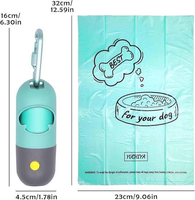 Dog Poop Bags Holder with LED Flashlight|Pet Waste Bags Dispenser for Leash|Doggie Potty Bags Container with Leak-proof Pet Trash Bags and Accessories (1 Holder 195 Bags, Crystal Blue)