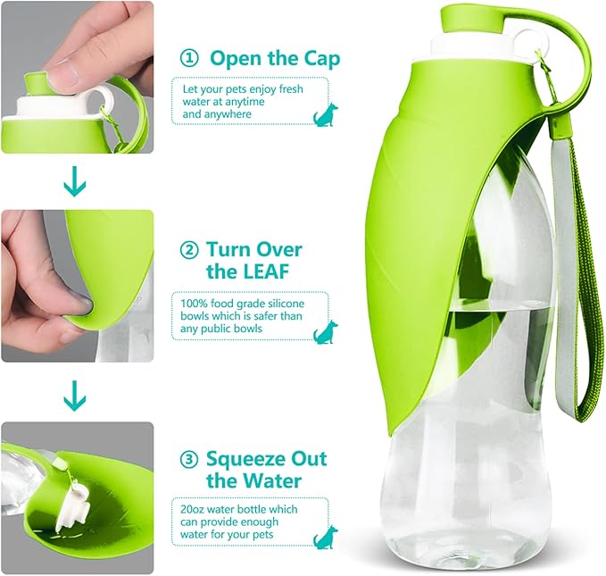 TIOVERY Dog Water Bottle, Portable Pet Water Dispenser Feeder Leak Proof with Drinking Cup Dish Bowl for Outdoor Walking, Hiking, Travel, 20OZ Water Bottle Fit for Small to Large Dogs and Cats Green