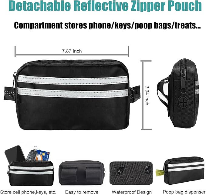 Hands Free Dog Leash with Pouch, Crossbody & Waist Leash for Dog Walking, No Pull Heavy Duty Bungee, Padded Handles & Reflective for Large Medium Dogs, Black Blue
