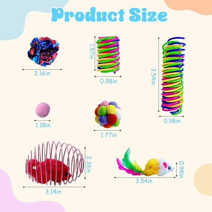 27Pcs Cat Toys Variety Pack for Indoor Cats, Interactive Spring Cage Mice & Small Mice, Plush Balls, Crinkle Balls, Colorful Springs, Cat Chew Chase Play Set for Boredom Relief & Self Play