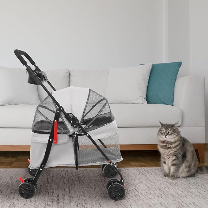 Foldable Pet Stroller w/Lockable Brakes,40lbs Capacity Ventilated Mesh Carrier Cart for Small Medium Dogs & Cats,Dog Stroller (Light Gray)
