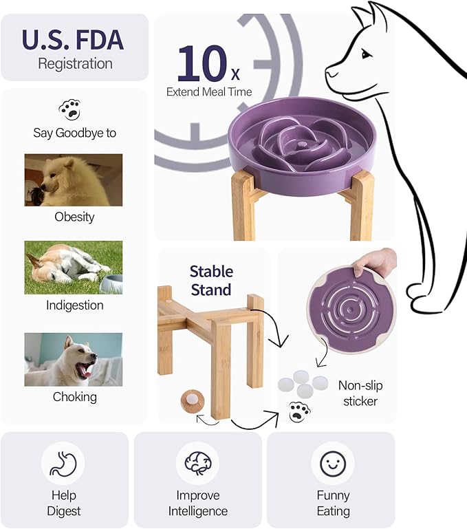8.66 in Purple Dog Bowl Ceramic Slow Feeder for Medium Large Dogs,Elevated/Raised Slow Feeding Dog Food Water Dish Heavy Weighted,Puppy Bowl for Fast Eaters,Puzzle Eating Bowl Maze