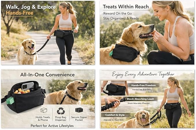 Hands Free Dog Leash with Dog Treat Pouch - Stylish & Trendy Waist Leash for Dog Walking - Wear on Waist or Crossbody - Durable & Detachable - Shock Absorbing - Waste Bag Dispenser - Walk or Run