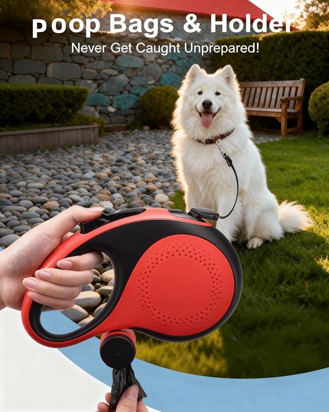 Heavy Duty Retractable Dog Leash 26 ft Tangle-Free 360° Swivel for Large Dogs up to 110 lbs with One-Button Lock (Red)
