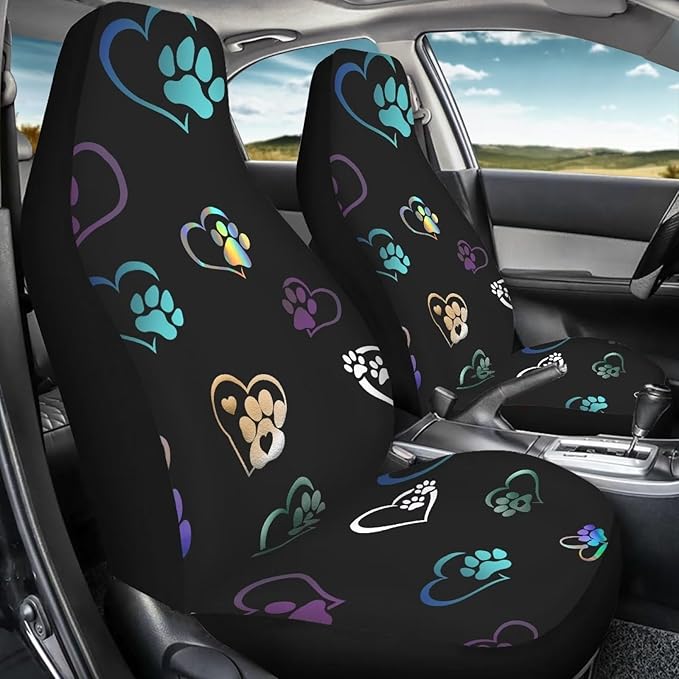 Colorful Heart Dog Paw Print Car Seat Covers Full Set of 2, Cloth Seat for Auto Front Seats, Black Bucket Seat Covers for Cars Washable and Breathable Car Accessories for Sedan Truck SUV