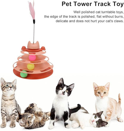Cat Turntable Ball Toy, 4 Level Interactive Kitten Track Roller Exercise Toy with Feather Stick, Cats Toys Tower Cat Puzzle Toy Suitable for Interactive Kittens Chase Exercise
