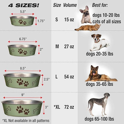 Loving Pets Bella Dog Bowls- Stainless Steel Dog & Cat Bowls - Spill Proof Dog Food Bowl, Cat Bowl, Puppy Essentials & Pet Supplies Great for Home & Travel (Large 35-65 lbs, Artichoke)