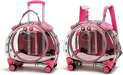 Pet Carrier with Wheels for Cats and Dogs, Clear Hard-Shell Rolling Pet Carrier with Retractable Handle, Airline-Approved Travel Carrier, Portable Cat and Dog Stroller (Pink)