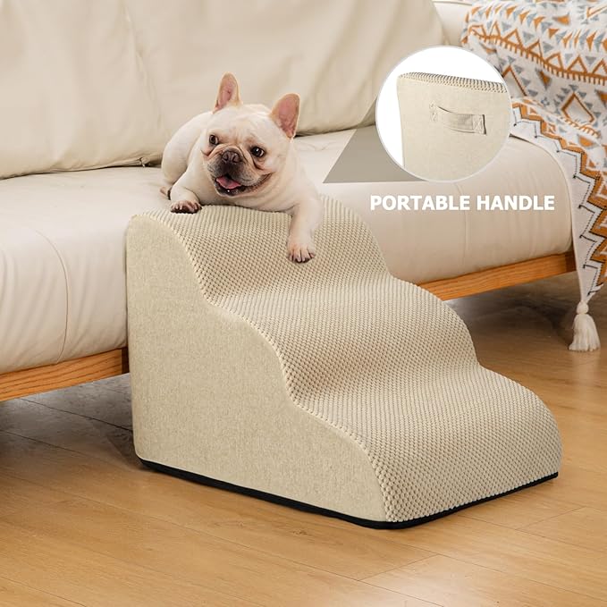 Dog Ramp and Stairs for Small Dogs & Cats,3-Step Pet Stairs for Couch Sofa and Chair,Indoor Anti-Slip Dog Stairs for Old Cats and Puppy,Beige