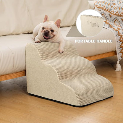 Dog Ramp and Stairs for Small Dogs & Cats,3-Step Pet Stairs for Couch Sofa and Chair,Indoor Anti-Slip Dog Stairs for Old Cats and Puppy,Beige