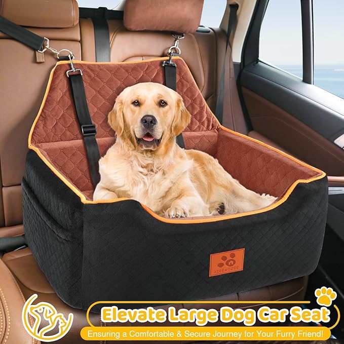 XIEEAOZEE Dog Car Seat for Large/Medium Dog, Booster Seat for Dogs Under 55Lbs or 2 Small, Detachable and Washable Travel Pet Seat with Thick Cushion and Storage Pockets (Black/Brown)