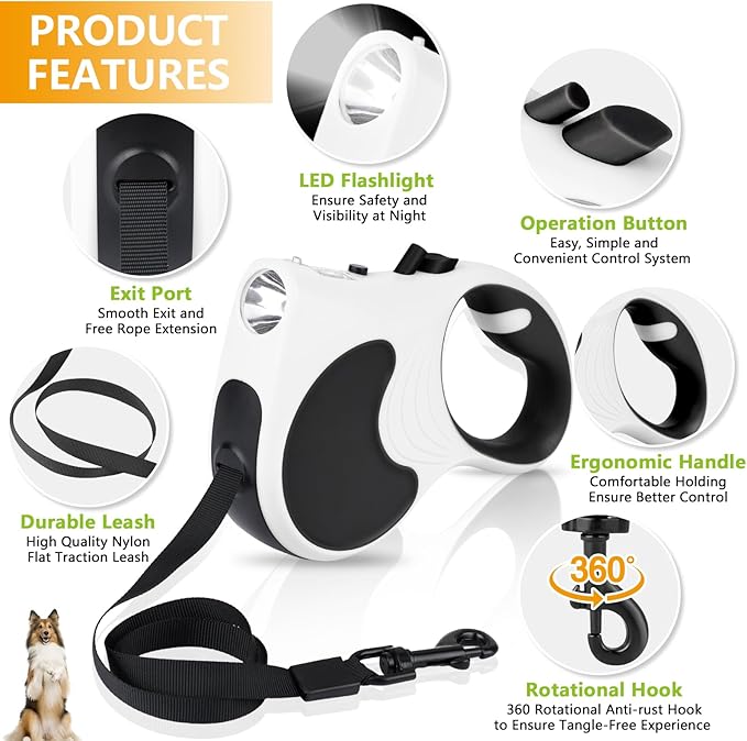 Retractable Dog Leash with Flashlight, 16ft Dog Walking Leash for Dogs up to 77lbs, 360° Tangle-Free Nylonup Leash, Anti-Slip Handle -White