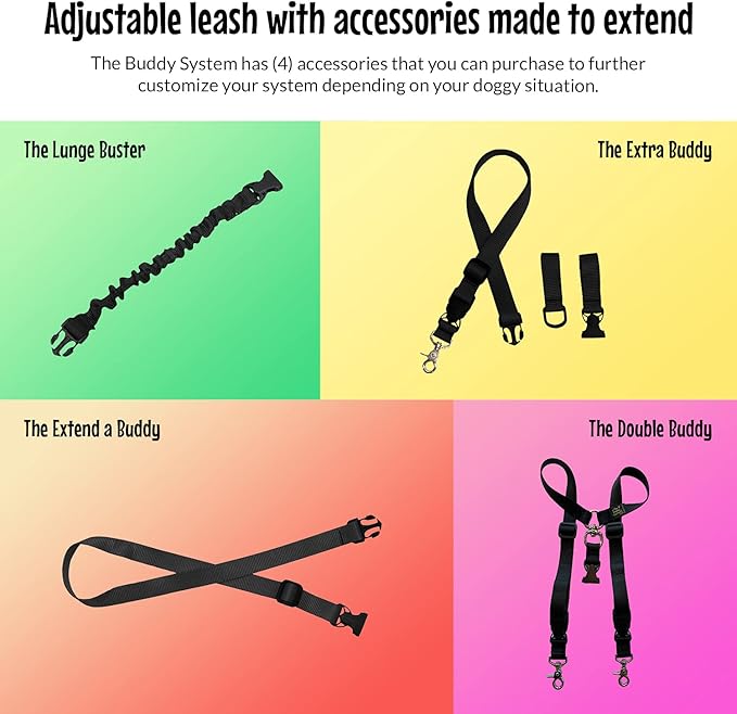 The Buddy System Adjustable Hands Free Dog Leash, Hand-Free Leash for Running, Jogging, Walking, Hiking and Training Service Dogs, Versatile All Dog Sizes - Made in USA - Large, Black