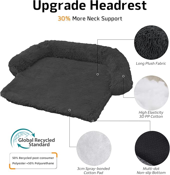 Calming Dog Bed Fluffy Plush Dog Mat for Furniture Protector with Removable Washable Cover for Large Medium Small Dogs and Cats (Large(45x37x6), Dark Grey)