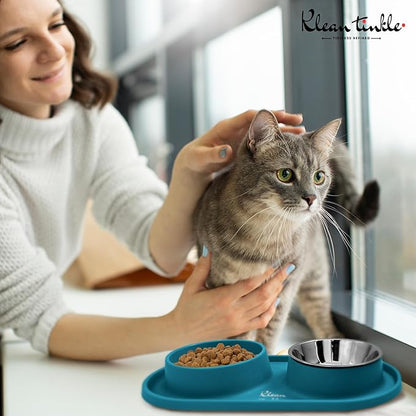 Pets Anti Skid Double Slow Feeder Dog Bowls with Non Skid Silicone Mat - Stainless Steel Dog Water Bowl for Cats & Pets Beautiful Dirty Blue Color