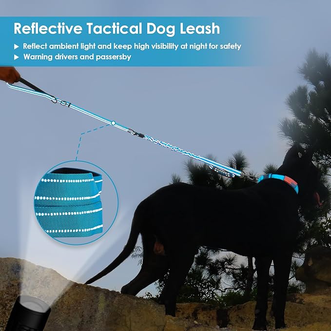 AUBELL Tactical Dog Leash Heavy Duty,4-6ft Reflective Strong No Pull Bungee Leash for Medium Large Dogs with Comfortable Padded Double Handle,Car Seat Belt,360 Degree Rotating Carabiner,Blue