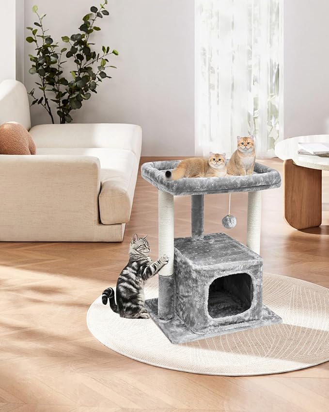 SYANDLVY 27IN Cat Tree for Indoor Cats Large Adult, Modern Activity Tower with Scratching Posts, Condo with Plush Perch, Climbing Stand with Spring Ball for Play, Grey