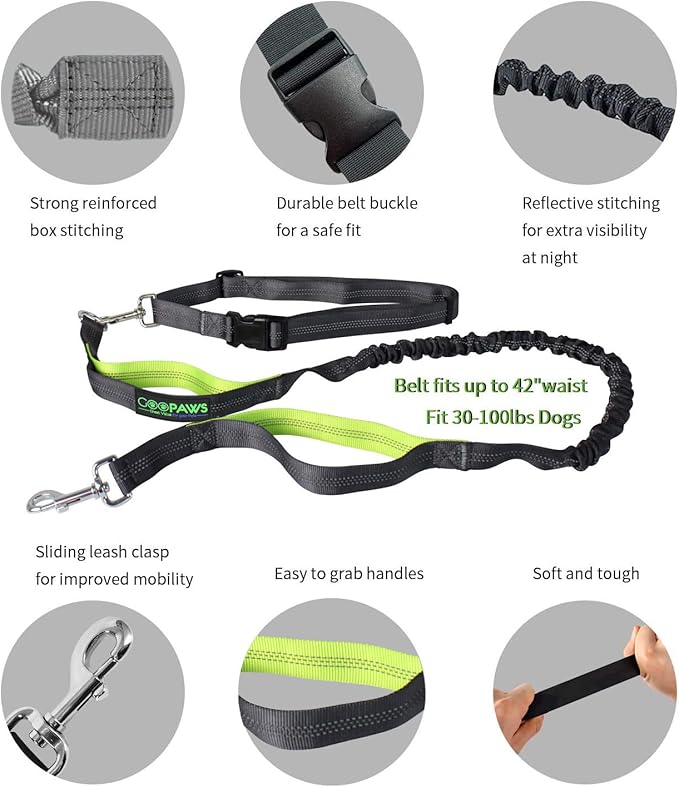 JESPET Hands Free Dog Leash for Running, Walking, Hiking Jogging for Medium & Large Dogs up to 150lbs, Durable Dual Handle Waist Leash with Reflective Bungee and Adjustable Waist (Green)