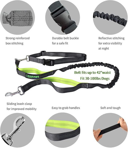 JESPET Hands Free Dog Leash for Running, Walking, Hiking Jogging for Medium & Large Dogs up to 150lbs, Durable Dual Handle Waist Leash with Reflective Bungee and Adjustable Waist (Green)