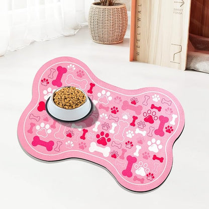 Dog & Cat Food Mat Bone Shaped Pet Feeding Mat Quick Absorb Water Bowl Placemat with Rubber Backing Indoor Floor Stain Resistant Pet Accessory Supplies (Pink, 12x18 Inches)