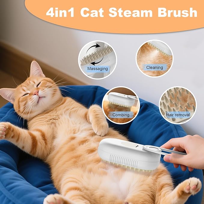 4-in-1 Rechargeable Cat & Dog Steam Brush for Shedding, Self-Cleaning Pet Groomer with Rotating Handle for Massaging & Hair Removal, for Long/Short Haired Pets (Beige)