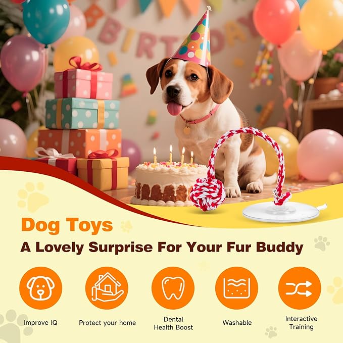 Interactive Dog Toys with Strong Gel Suction Cup, Durable Rope & Chew Ball, Dog Toys for Aggressive Chewers, Tug of War Dog Toy, Suitable for Small Dogs, Red White